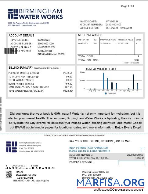 Blank UNITED KINGDOM BIRMINGHAM WATER business utility bill Word and PDF template 1